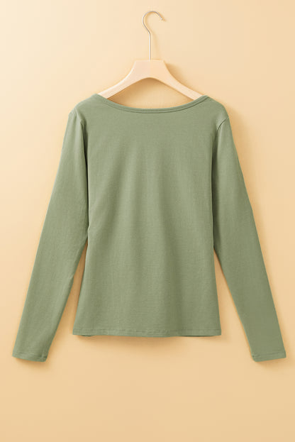 Long Sleeve Buttons V Neck Slim Fit Top | Laurel Green