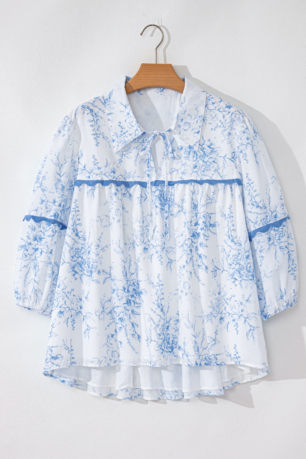 Floral 3/4 Sleeve Tied Collar Blouse | Sky Blue