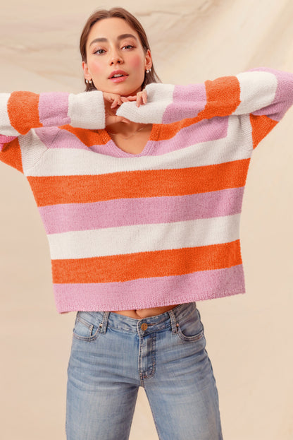 Colourblock V Neck Casual Sweater | Orange Stripe