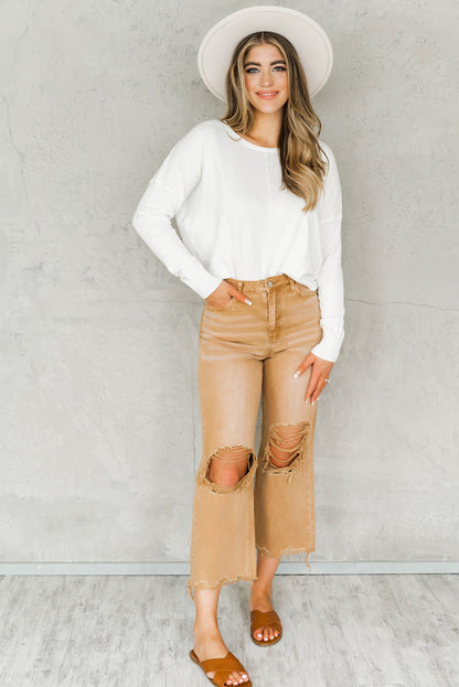 Distressed Hollow-Out High Waist Cropped Flare Jeans | Brown