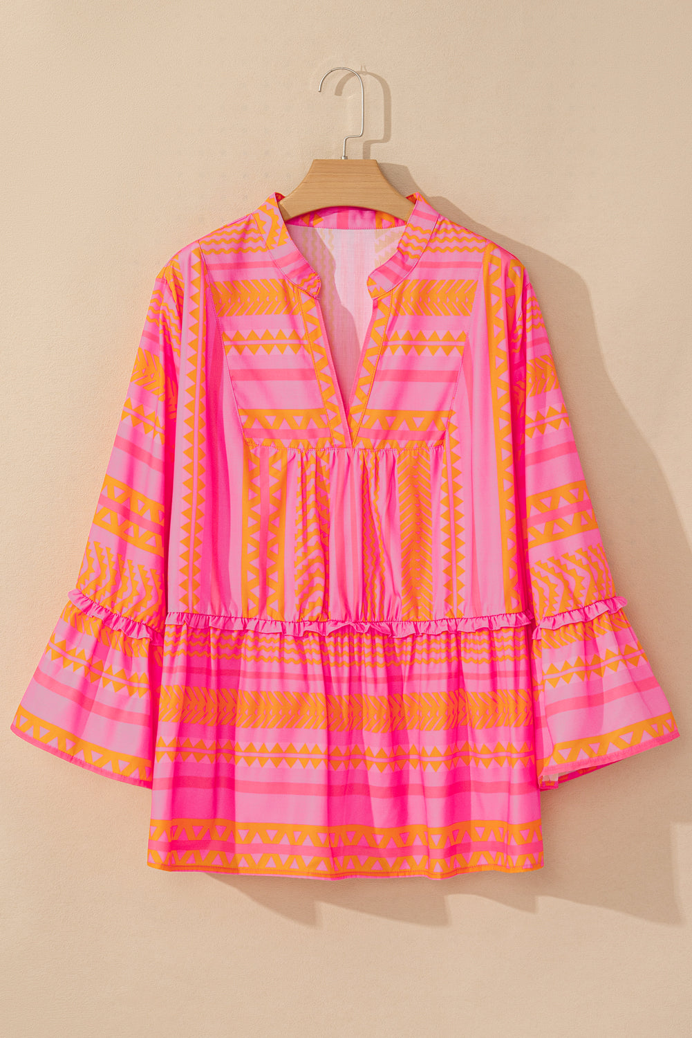 Plus Size Geometric Printed Bell Sleeve Babydoll Blouse | Vitality Orange