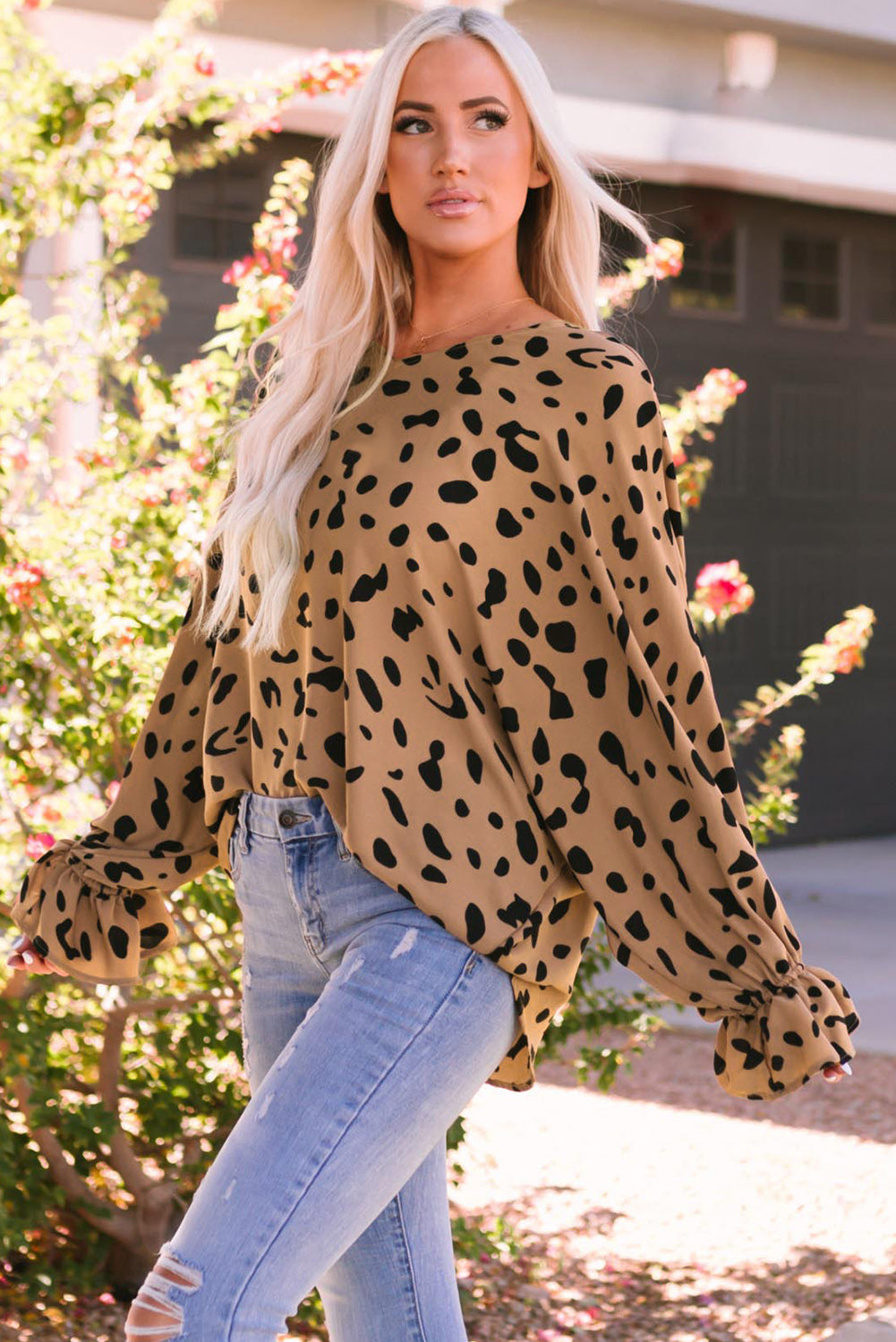 V Neck Ruffled Cuffs Loose Blouse | Leopard