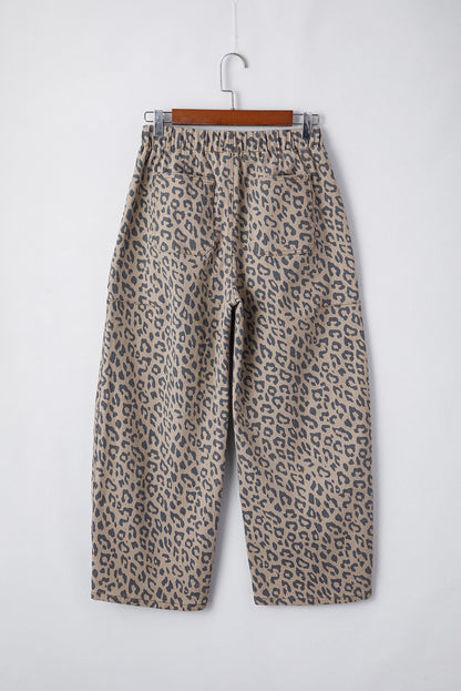 Leopard Printed Drawstring Waist Pocketed Wide Leg Jeans | Khaki