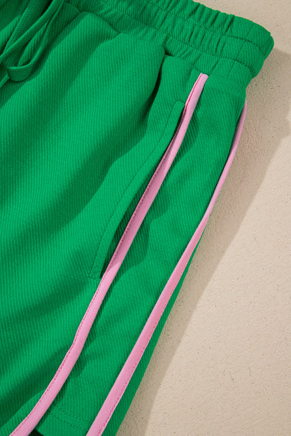 Two Tone Contrast Textured Crewneck Tee And Shorts Set | Bright Green