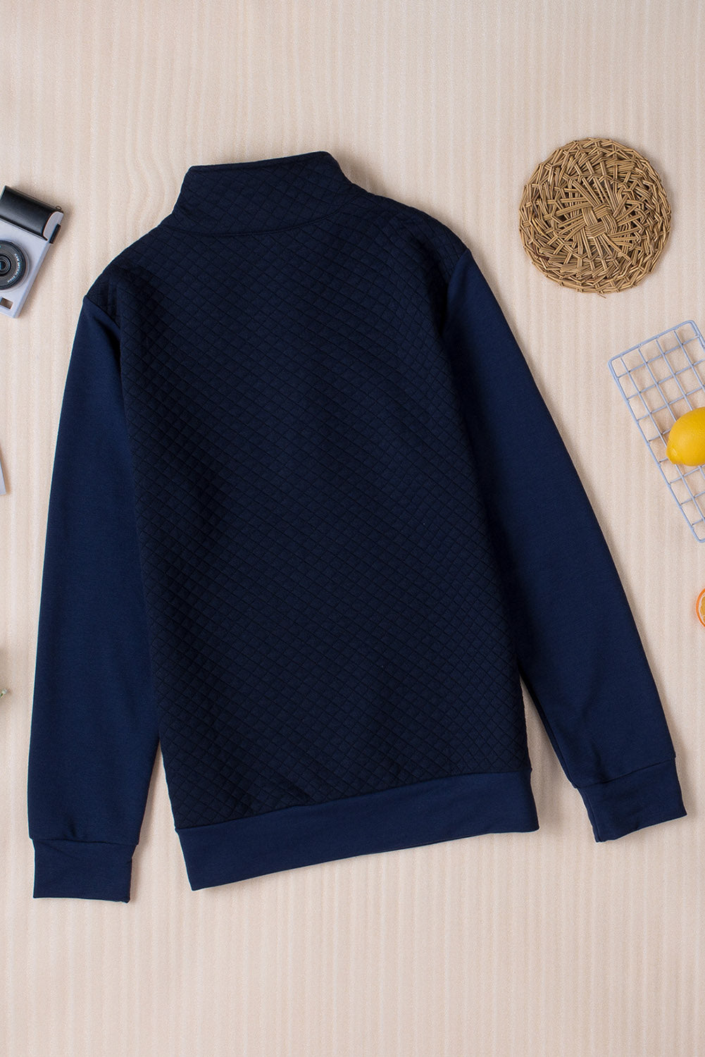 Navy Stand Neck Waffle Zip Up Sweatshirt | Blue