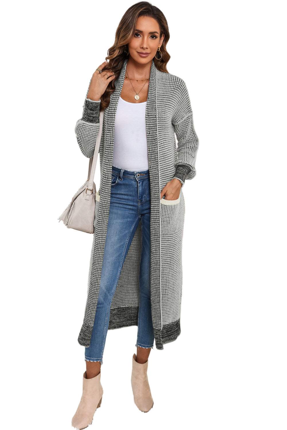 Textured Knit Pocketed Duster Cardigan | Gray