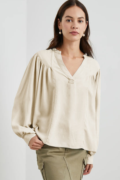 Solid Colour Lantern Sleeve Notched V Neck Blouse | White