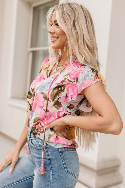 Floral Print Tassel Tie Short Sleeve Blouse | Pink