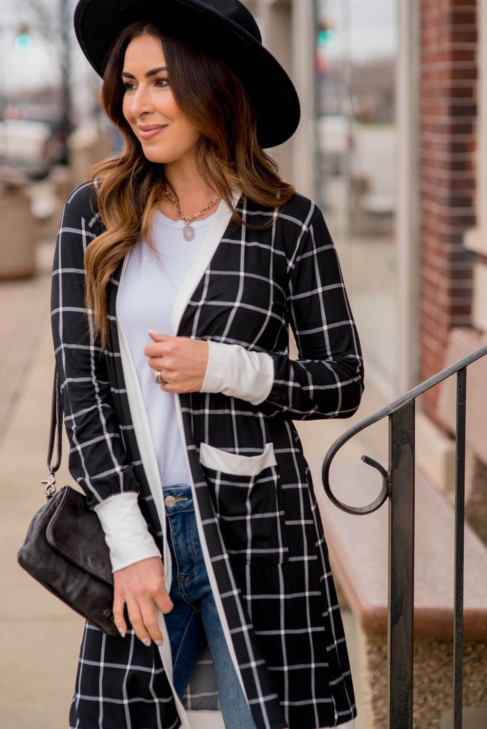 Plaid Colourblock Edge Open Cardigan With Pocket | Black