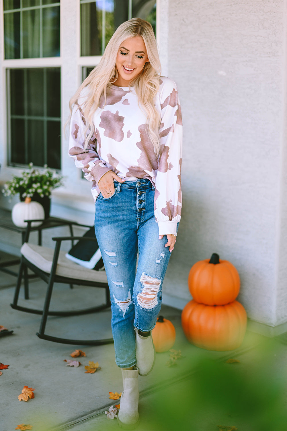 Cow Spots Print Drop Shoulder Puff Sleeve Sweatshirt | Brown