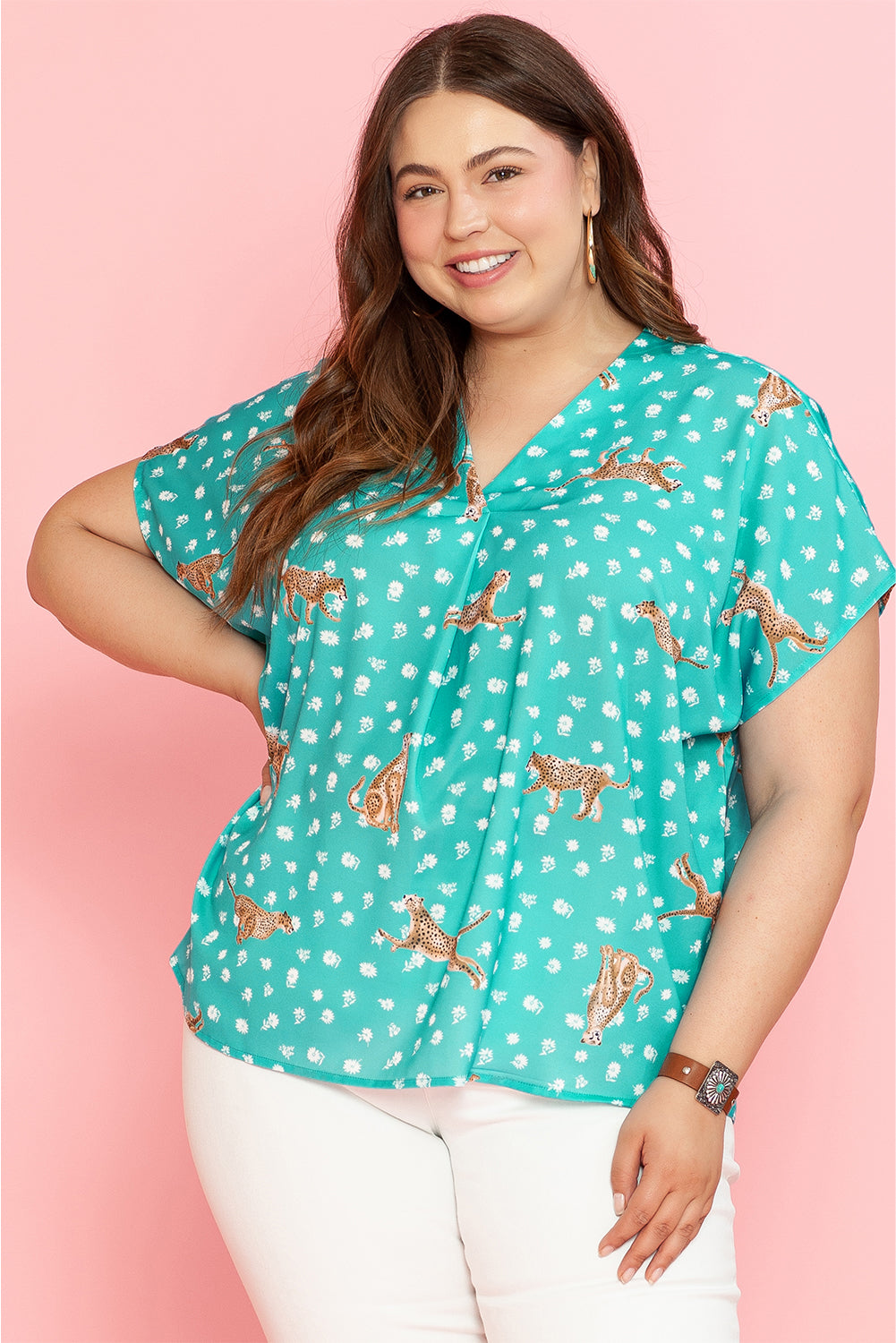 Cheetah Print V Neck Short Sleeve Plus Top | Green