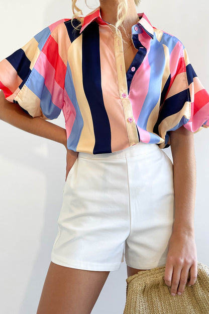 Multicolor Color Block Striped Puff Sleeve Buttoned Shirt