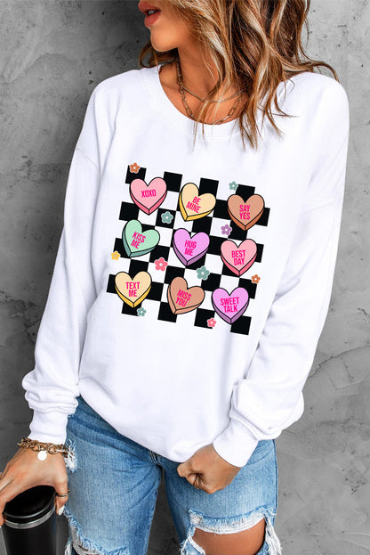 Checkered Valentines Letter Heart Pattern Sweatshirt | White