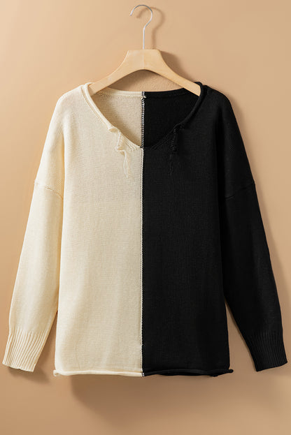 2-Tone Colour Block Raw Edge V Neck Sweater | Khaki