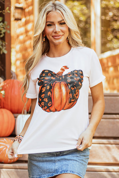 Halloween Bowknot Pumpkin Graphic Crewneck T Shirt | White