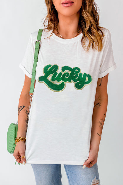 St. Patrick Lucky Chenille Glitter Patched Graphic T Shirt | White