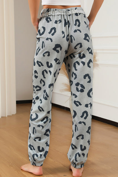 Leopard Print Drawstring High Waist Jogger Pants | Gray