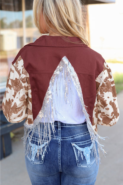 Fiery  Abstract Print Sleeve Back Fringed Cropped Denim Jacket | Red