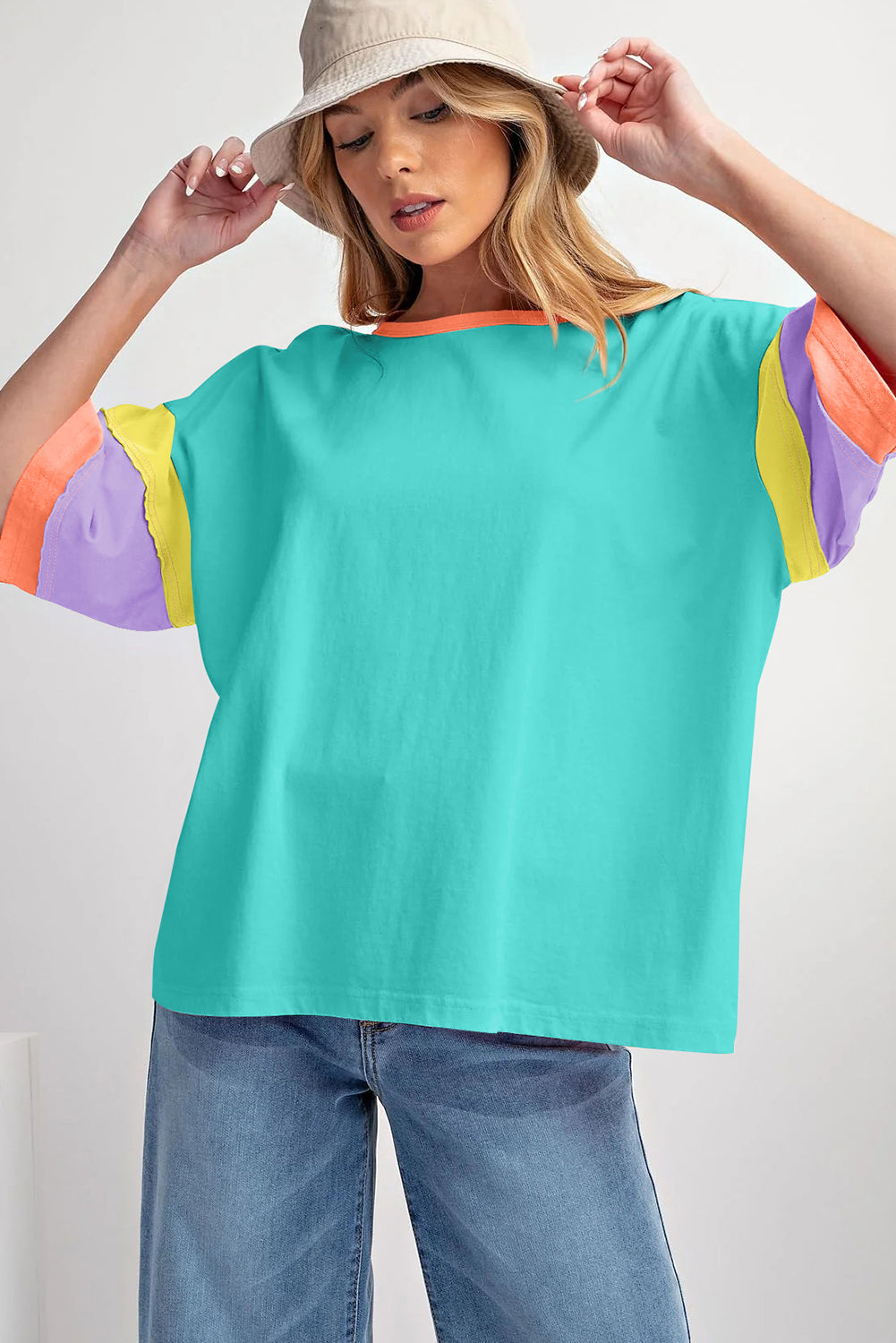 Colour Block Stitching Sleeve Round Neck Oversize Top | Light Blue