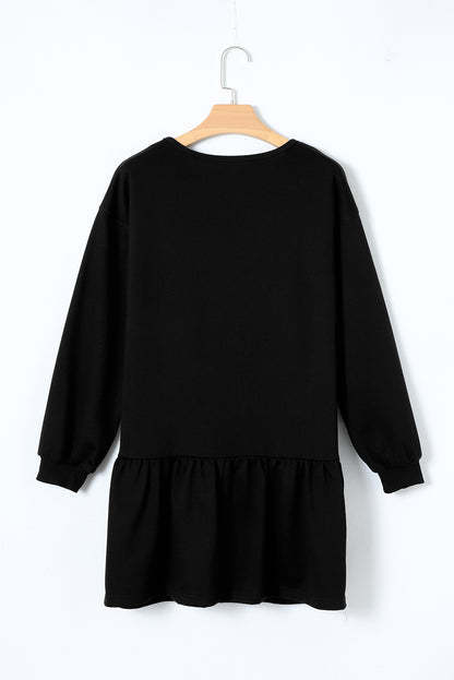 Solid Colour Puff Sleeve Ruffle Hem Mini Dress | Black