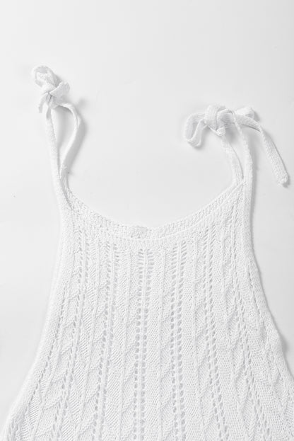 Tie Straps Wave Stripes Textured Eyelet Knitted Vest | White