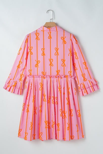 Bowknot Striped Printed Tiered Ruffled Mini Shirt Dress | Pink