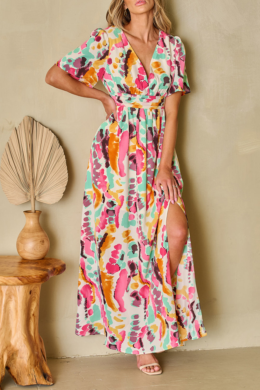 Boho Tie-Dye Print V Neck Maxi Dress | Pink