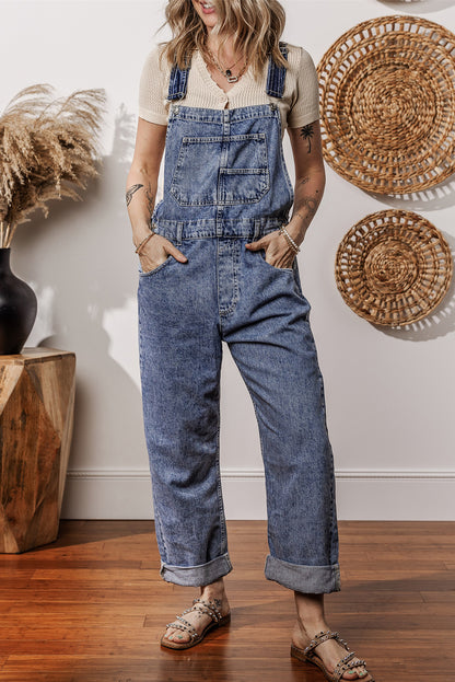 Denim Bib Straight Leg Jumpsuit With Pockets | Sail Blue