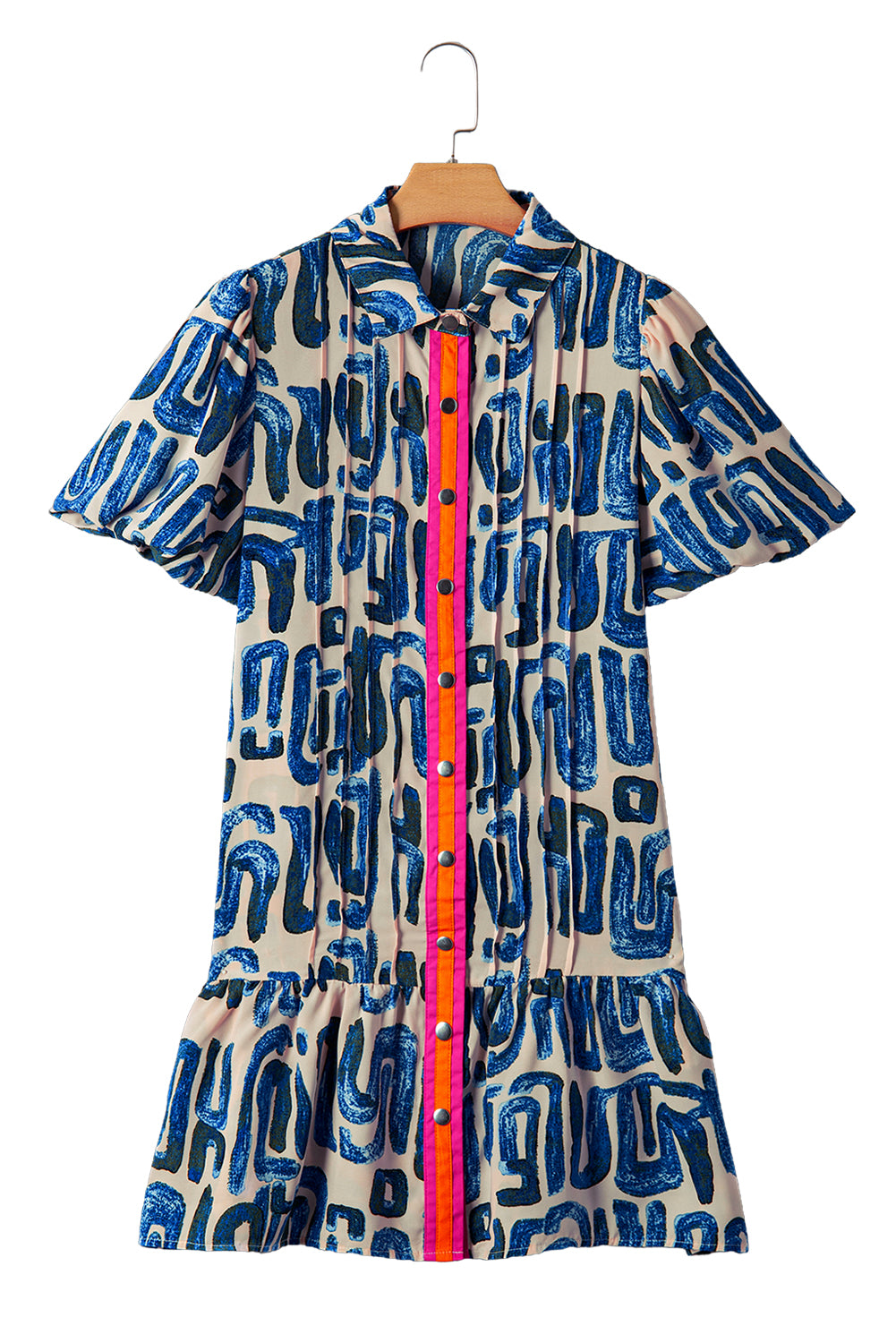 Abstract Print Bubble Sleeve Button Up Mini Dress | Beige