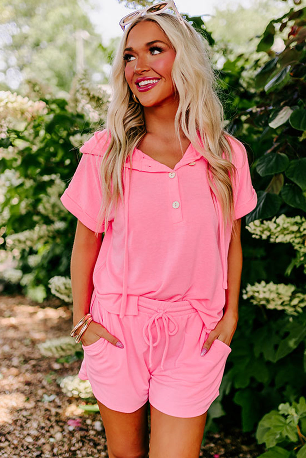 Hooded Short Sleeve Henley Top And Shorts Set | Peach Blossom