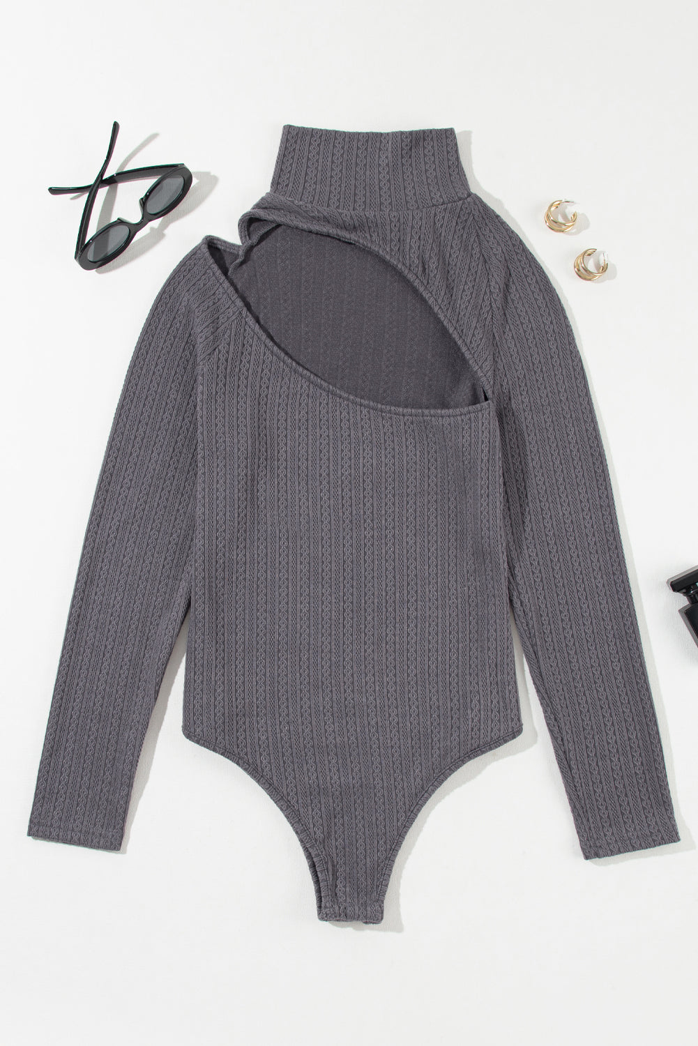 Cut Out Mock Neck Long Sleeve Bodysuit | Gray