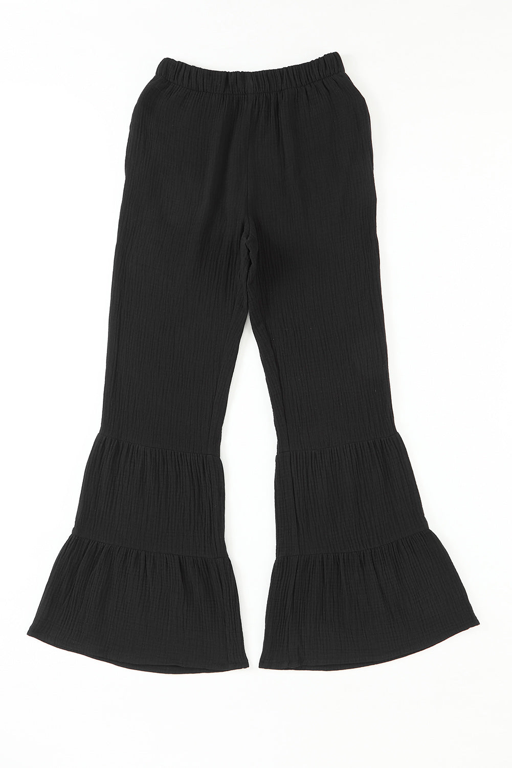 Textured High Waist Ruffled Bell Bottom Pants | Black