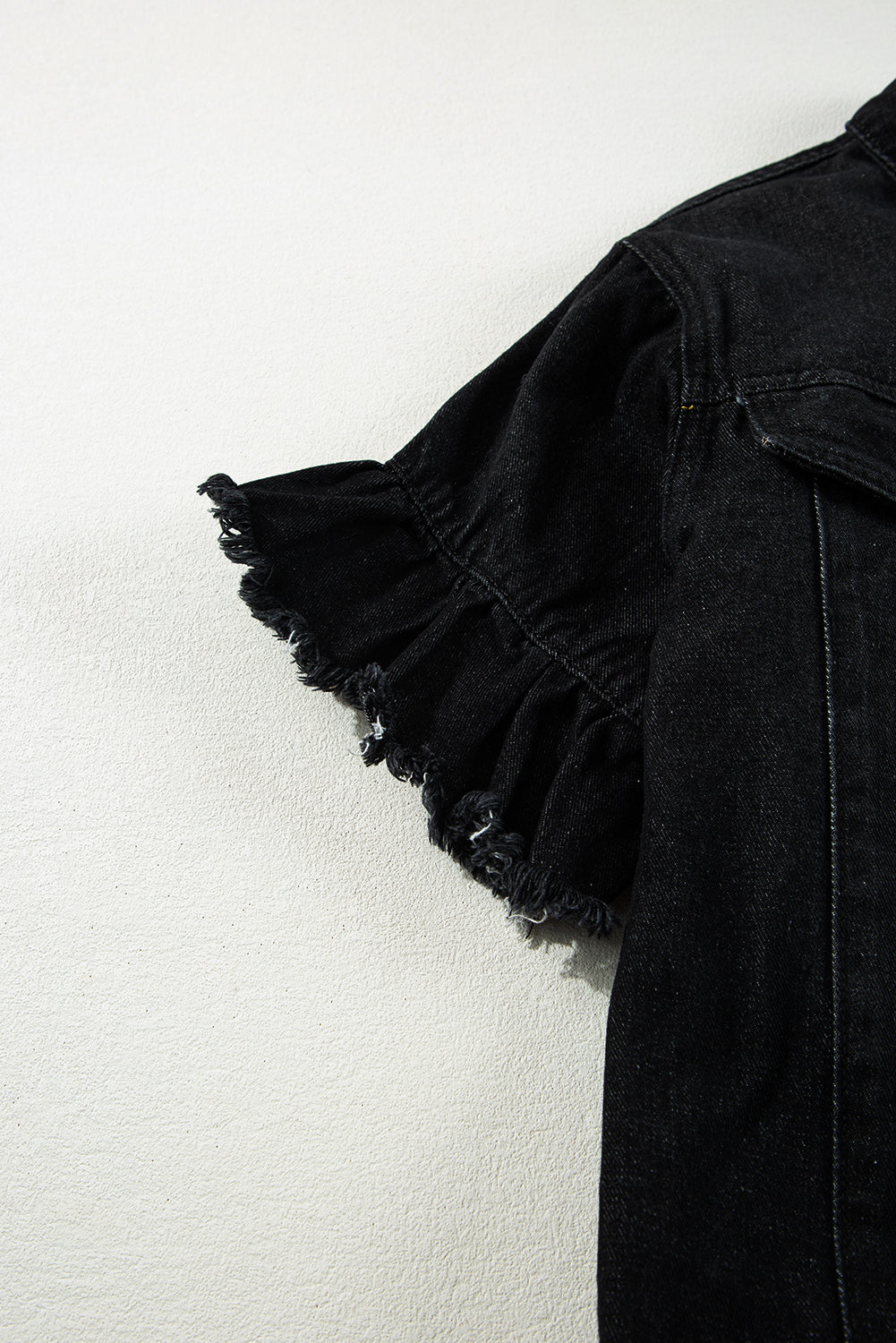 Raw Edge Ruffled Short Sleeve Denim Jacket | Black