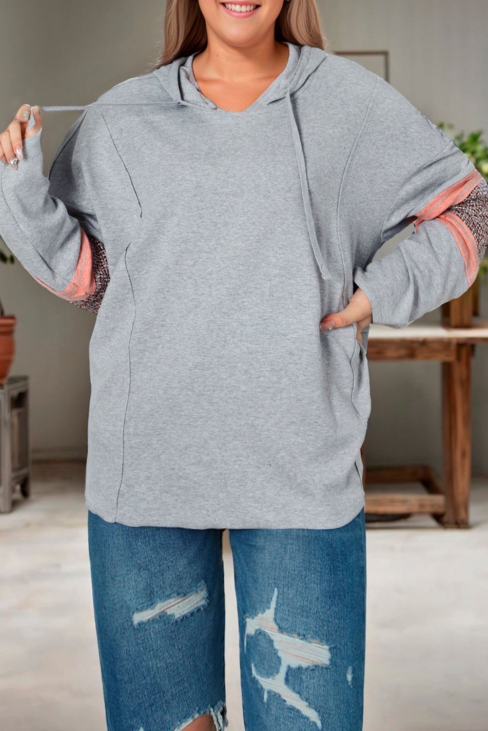 Contrast Patched Sleeve Plus Size Hoodie | Gray