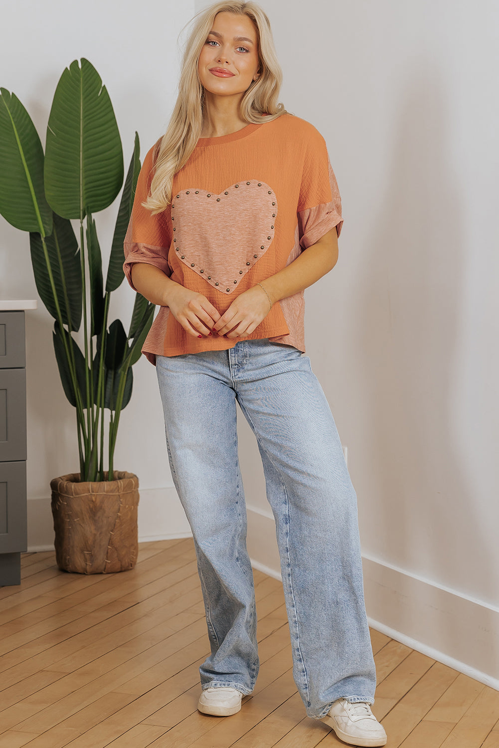 Stud Heart Patch Textured Front Dolman Top | Desert Gold