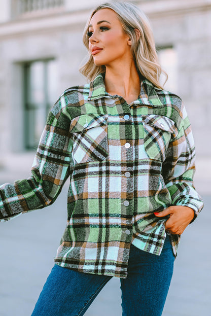 Geometric Plaid Print Pocketed Shacket | Green