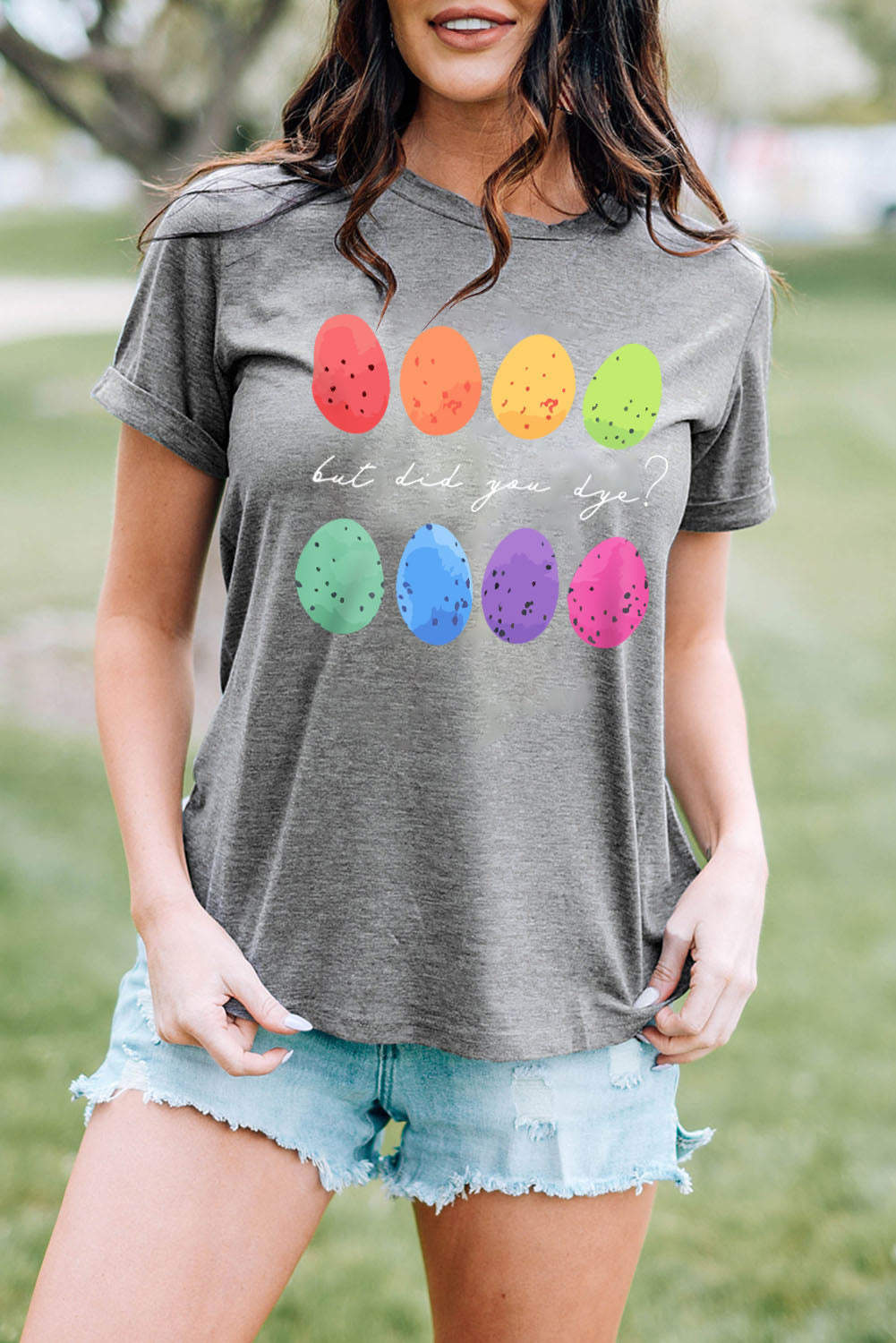 Easter Eggs Print Crew Neck T Shirt | Gray