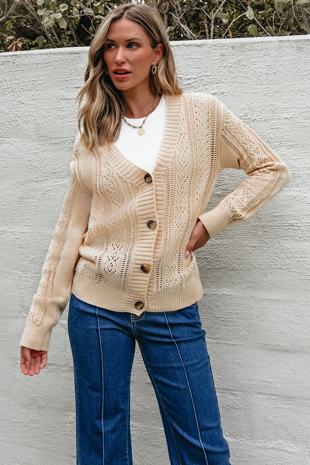 Open Knit Drop Shoulder Sweater Cardigan | Beige