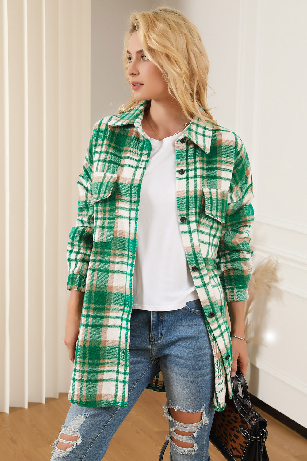 Plaid Flap Pocket Long Sleeve Shacket | Green