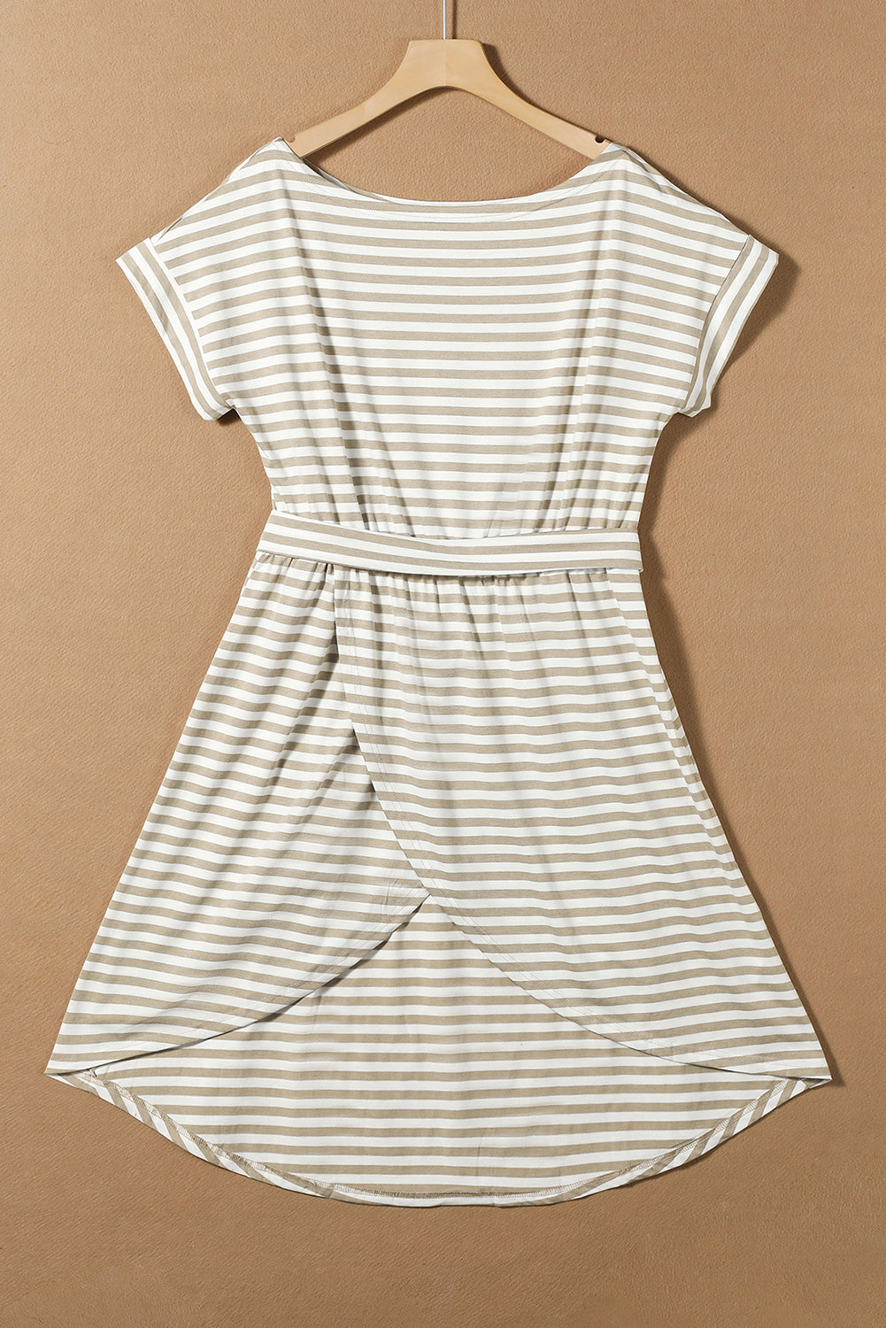 Stripe Short Sleeve Belted Wrapped Hemline T-Shirt Dress | Khaki