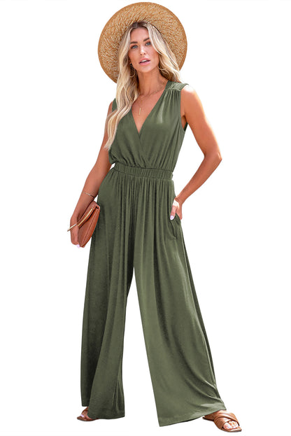 Deep V Pleated Crisscross Wide Leg Backless Jumpsuit | Jungle Green