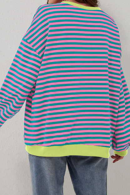 Oversized Contrast Trim Pullover Sweatshirt | Green Stripe