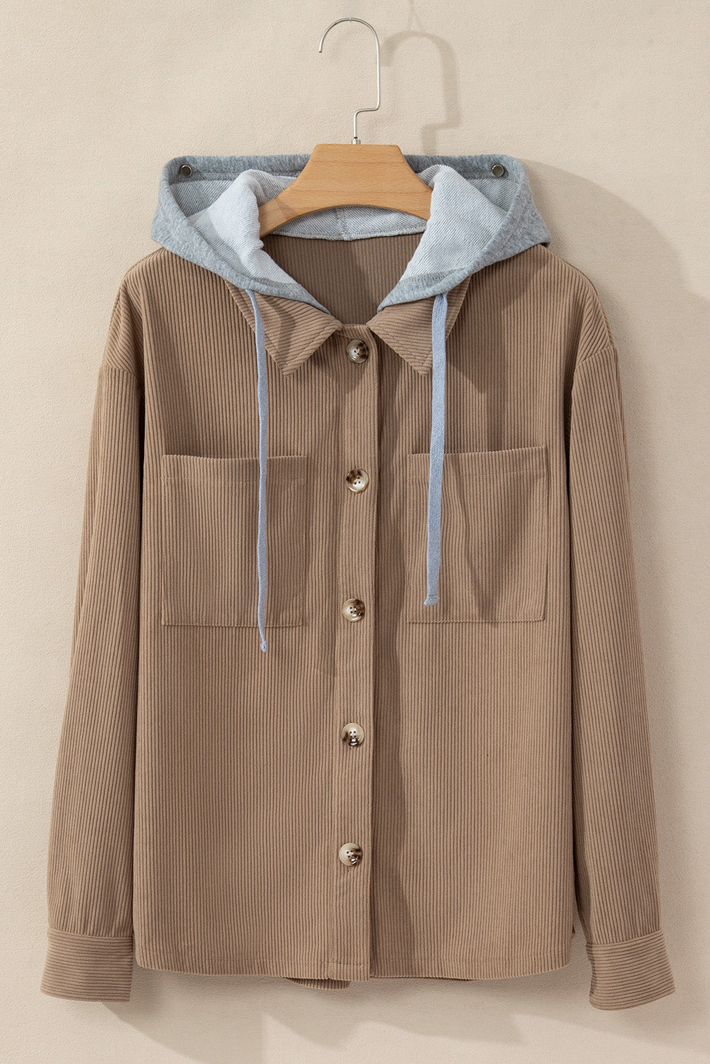 Hooded Drawstring Pockets Corduroy Shacket | Pale Khaki