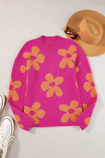 Big Flower Pattern Mock Neck Long Sleeve Sweater | Rose