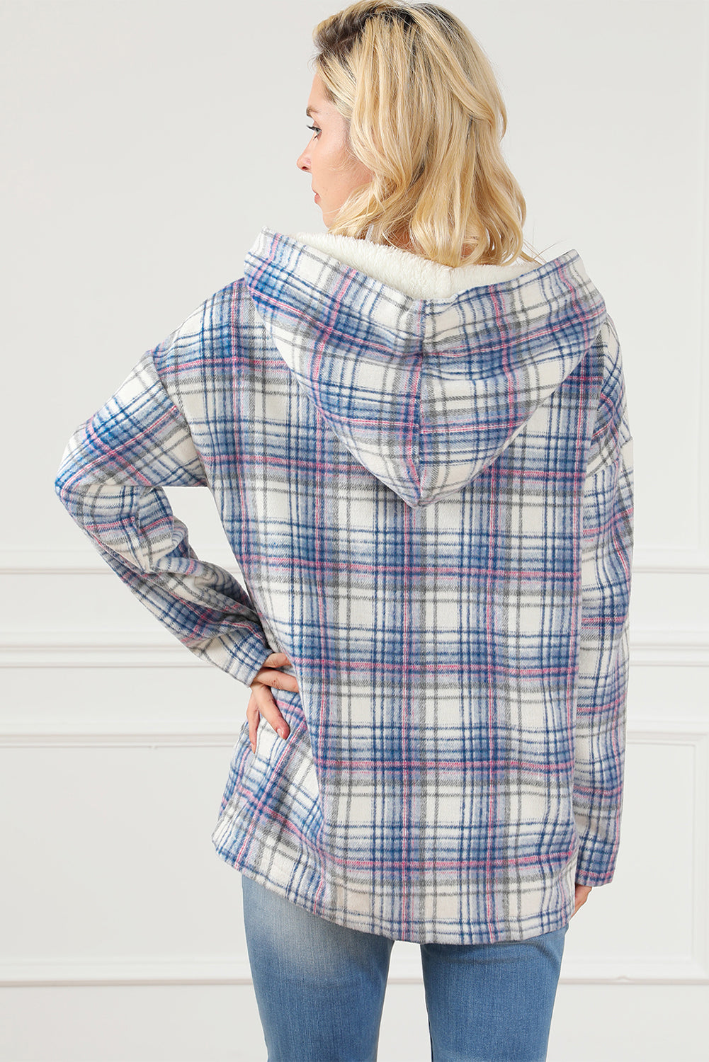 Plaid Button Neck Pocketed Pullover Hoodie | White