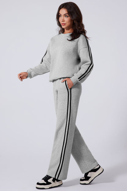 Solid Colour Side Striped Sweatshirt Active Set | Light Grey