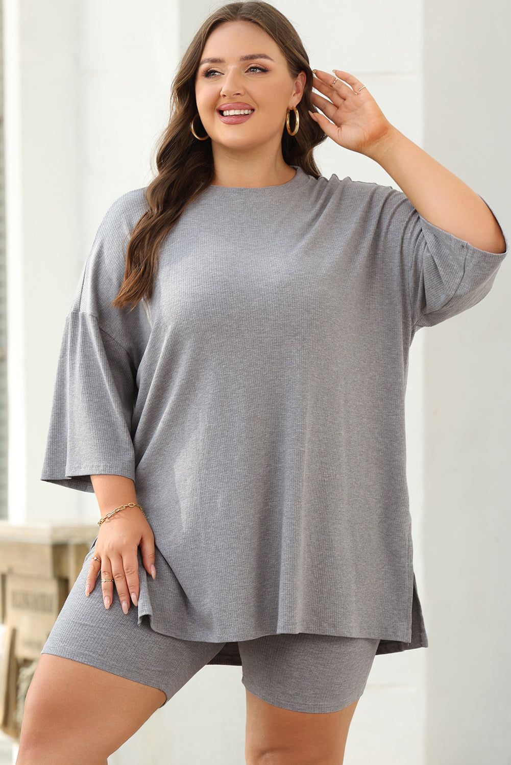 Solid Colour Loose Tunic Top And Slim Shorts Set | Light Grey