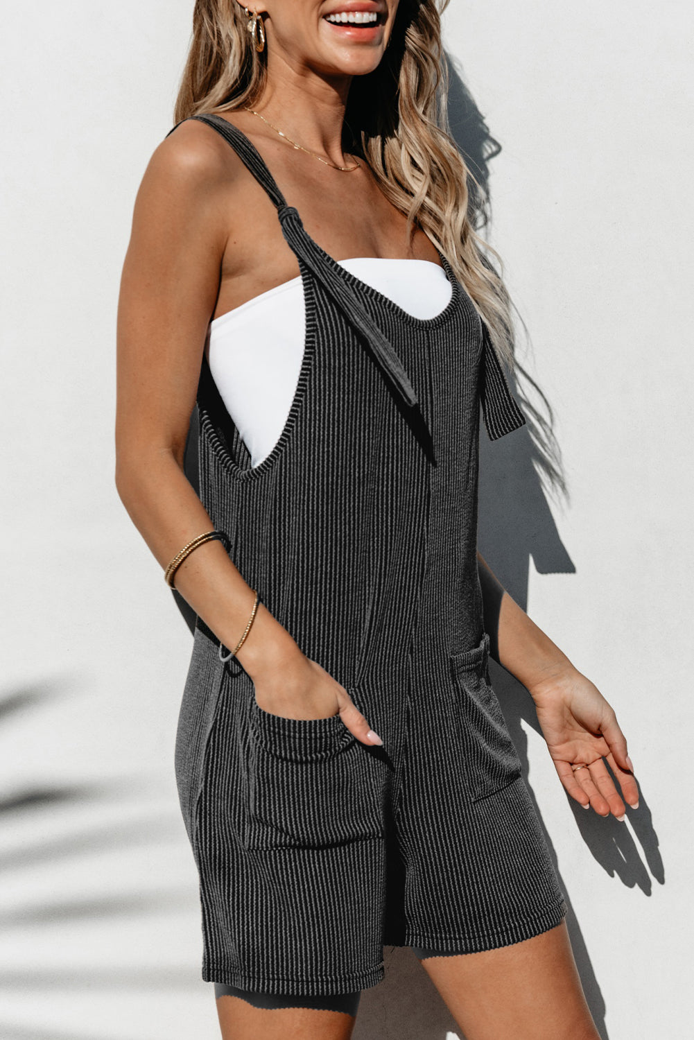 Striped Print Knotted Straps Pocketed Romper | Dark Grey