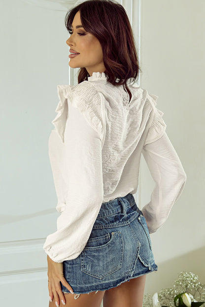 Frilled Neck Ruffled Trim Bubble Sleeve Blouse | White