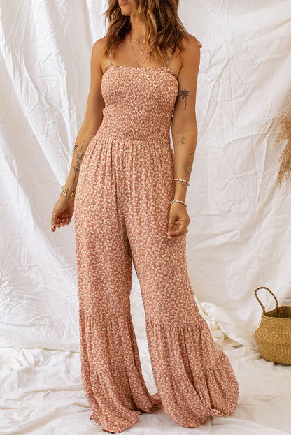 Khaki Thin Straps Smocked Bodice Wide Leg Floral Jumpsuit